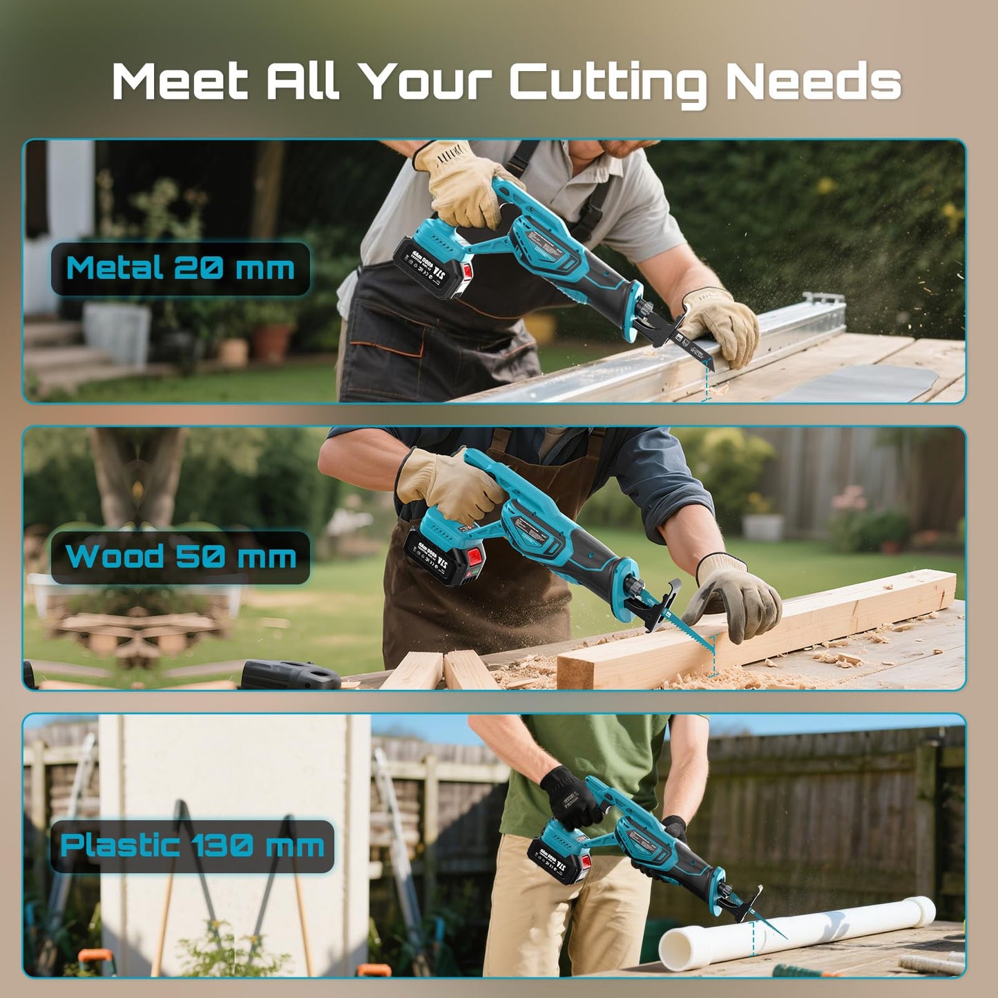 Seesii Reciprocating Saw Cordless, Variable Speed 3500 RPM Brushless Motor with 8 Saw Blades, 2 x 4.0Ah Batteries, LED Light, Tool‑Free Blade Change, Portable for Wood PVC Cutting