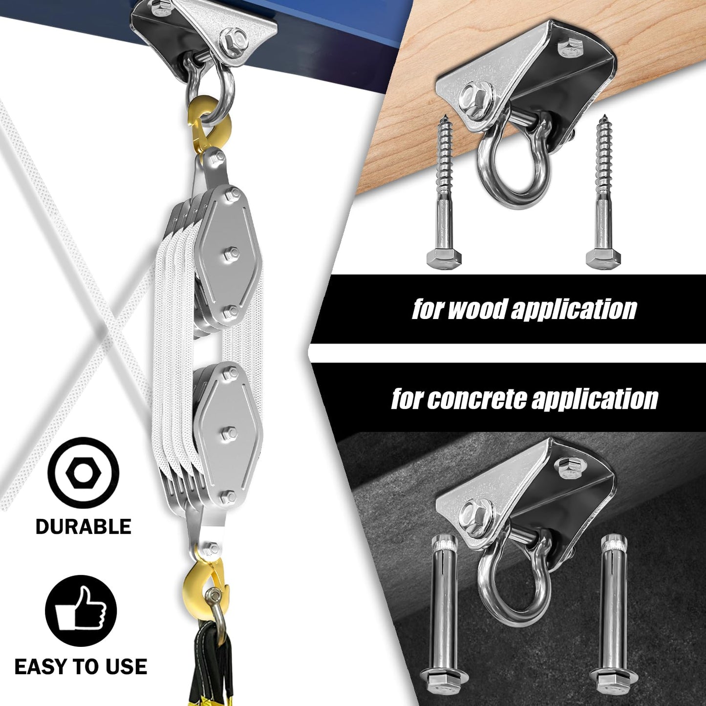 Rope Hoist Pulley System, 4400LB Pulley Block and Tackle, 8:1 Ratio Lifting Power 65ft, Heavy Duty Pulley Block for Lifting Pulling (with 2PCs Straps)