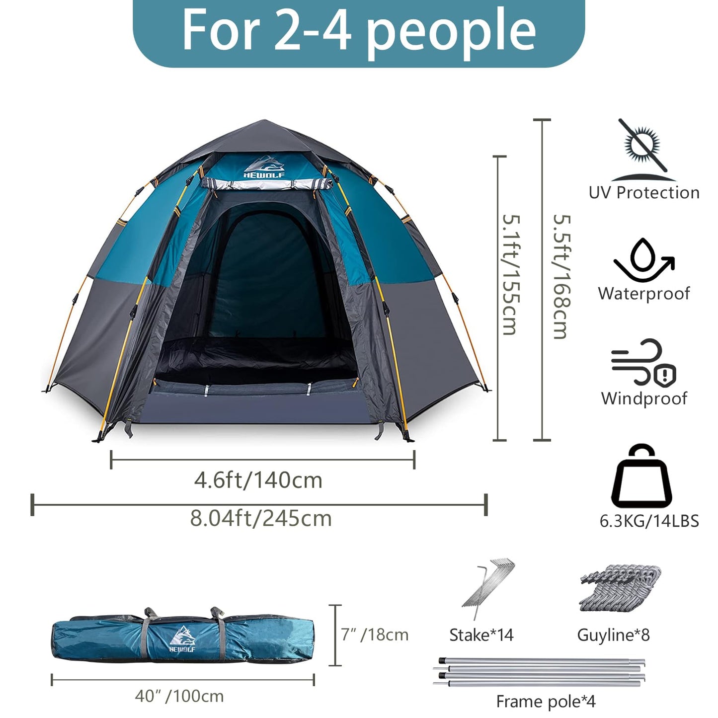 Hewolf 2/3/4 Person Camping Tent - Instant Pop Up Waterproof 2 Doors Tent with Easy Setup | 3-Season Hexagonal Dome Design for Family, Hiking & Traveling