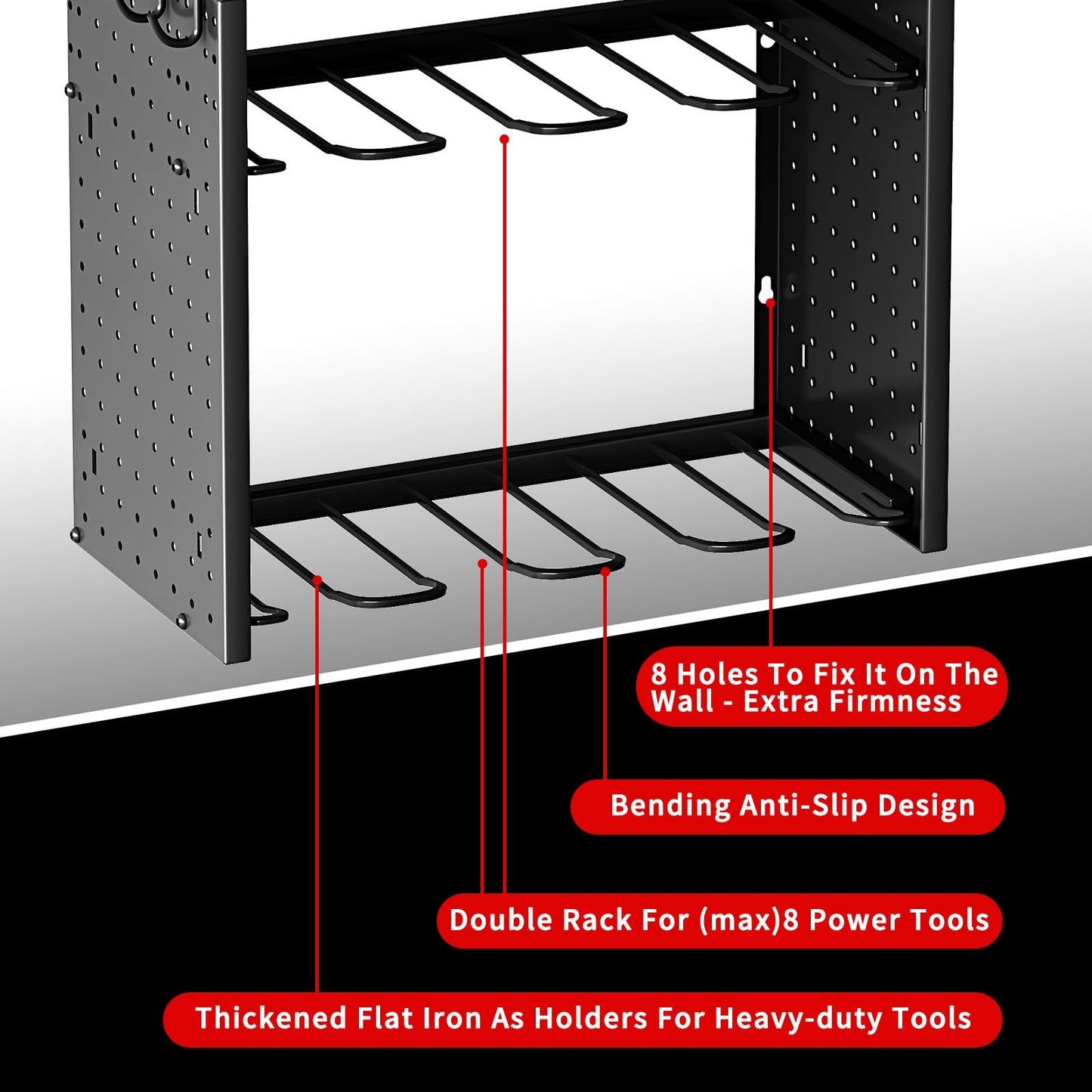 KAFAHOM Power Tool Organizer with Charging Station.Garage 8 Drill Holder Built in 8 Outlets Power Strip,Tool Storage Shelf Wall Mount,Tool Battery Organizer with Screwdriver/Hammer/Air Tool Rack