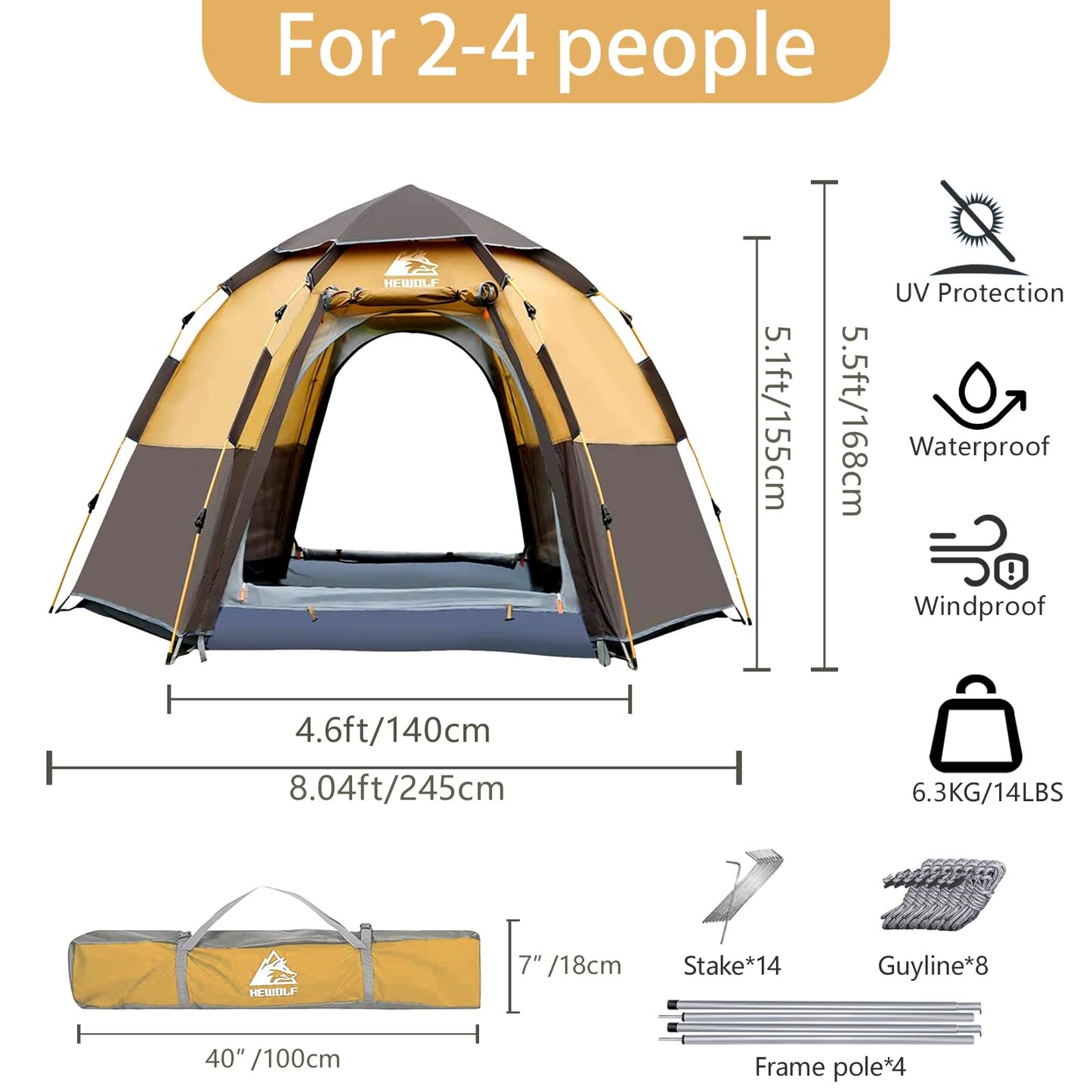 Hewolf 2/3/4 Person Camping Tent - Instant Pop Up Waterproof 2 Doors Tent with Easy Setup | 3-Season Hexagonal Dome Design for Family, Hiking & Traveling
