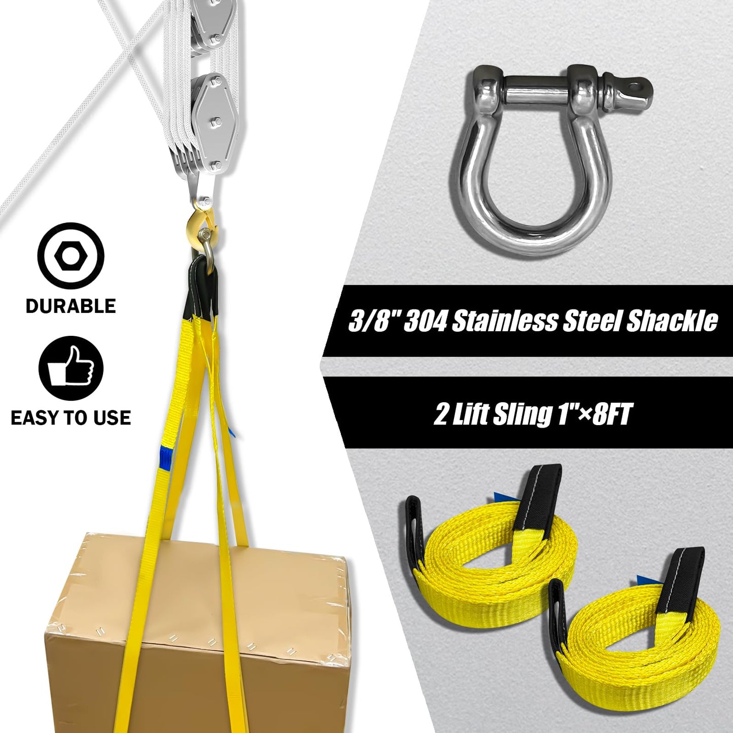 Rope Hoist Pulley System, 4400LB Pulley Block and Tackle, 8:1 Ratio Lifting Power 65ft, Heavy Duty Pulley Block for Lifting Pulling (with 2PCs Straps)