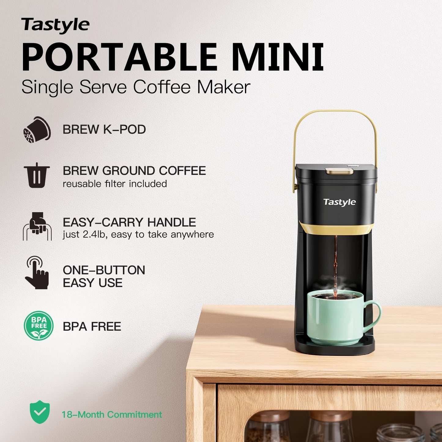 Single Serve One Cup Coffee Maker, for K Cups and Grounds, Mini Coffee Maker with Portable Handle, 6 to 12 Oz Brew Size, for Travel, Camping, Office, RV and Dorm, 120V, Black and Gold