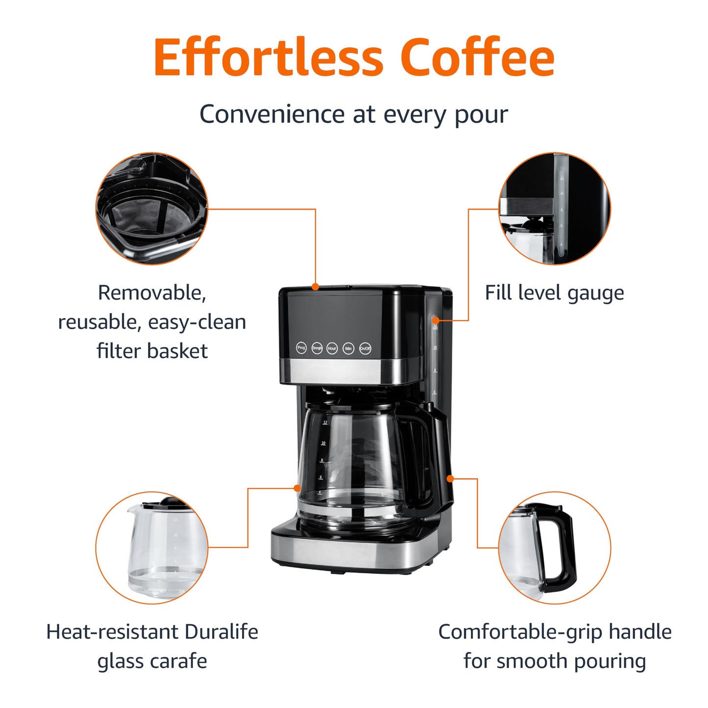 Amazon Basics Coffee Makers, 5-Cup Coffee Machines with Reusable Filter, Coffee Pots, Black & Stainless Steel