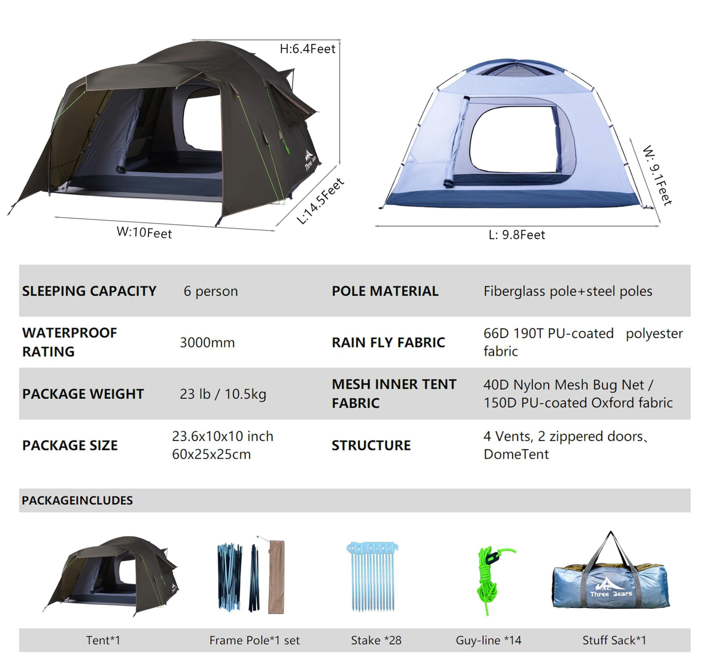 Family Camping Tent - 6-Person Spacious Design, 3000mm Waterproof, Suitable for Road Trips/Backyards/Extended Camping Adventures in All Scenarios