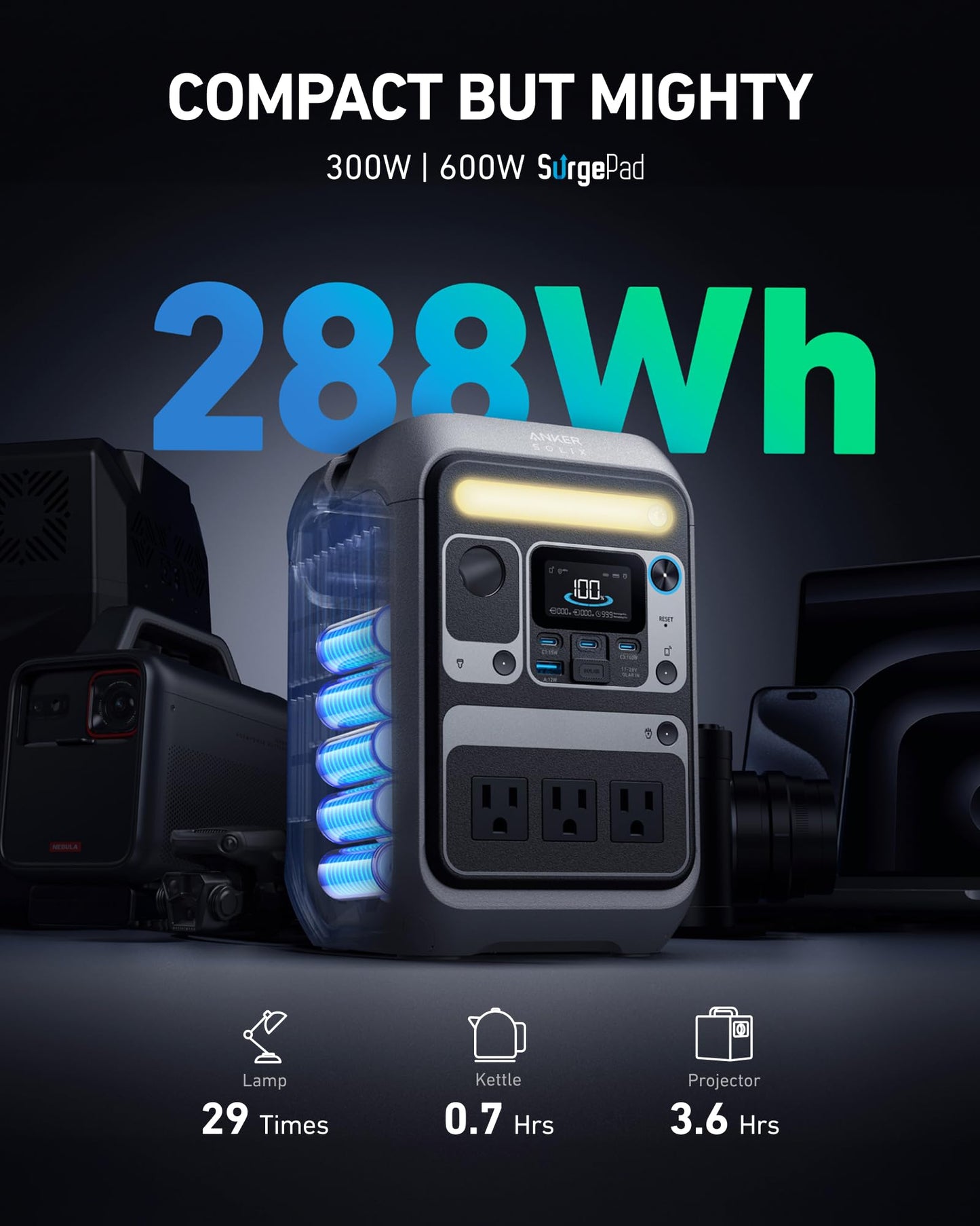 Anker Portable Power Station SOLIX C300, 288Wh LiFePO4 Battery, 300W (600W Surge) Solar Generator, 140W Two-Way Fast Charging, for Outdoor Camping, Traveling, and Emergencies (Solar Panel Optional)
