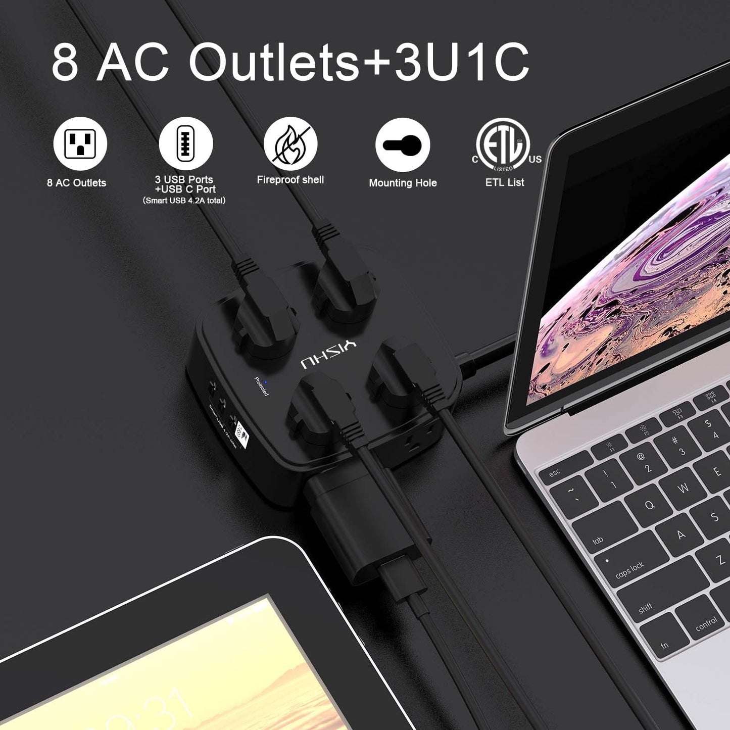 6 Ft Surge Protector Power Strip - 8 Widely Outlets with 4 USB Ports, 3 Side Outlet Extender with 6 Feet Extension Cord, Flat Plug, Wall Mount, Desk USB Charging Station, ETL,White