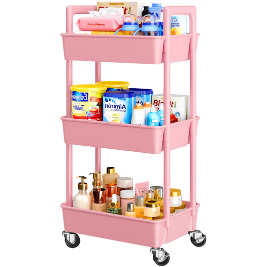 Pipishell 3 Tier Rolling Cart Organizer, Plastic Rolling Cart with Lockable Wheels & Reinforced Handle, Lightweight Utility Cart Storage Cart for Nursery, Kitchen, Bathroom, Craft Room, White, PIUC14W