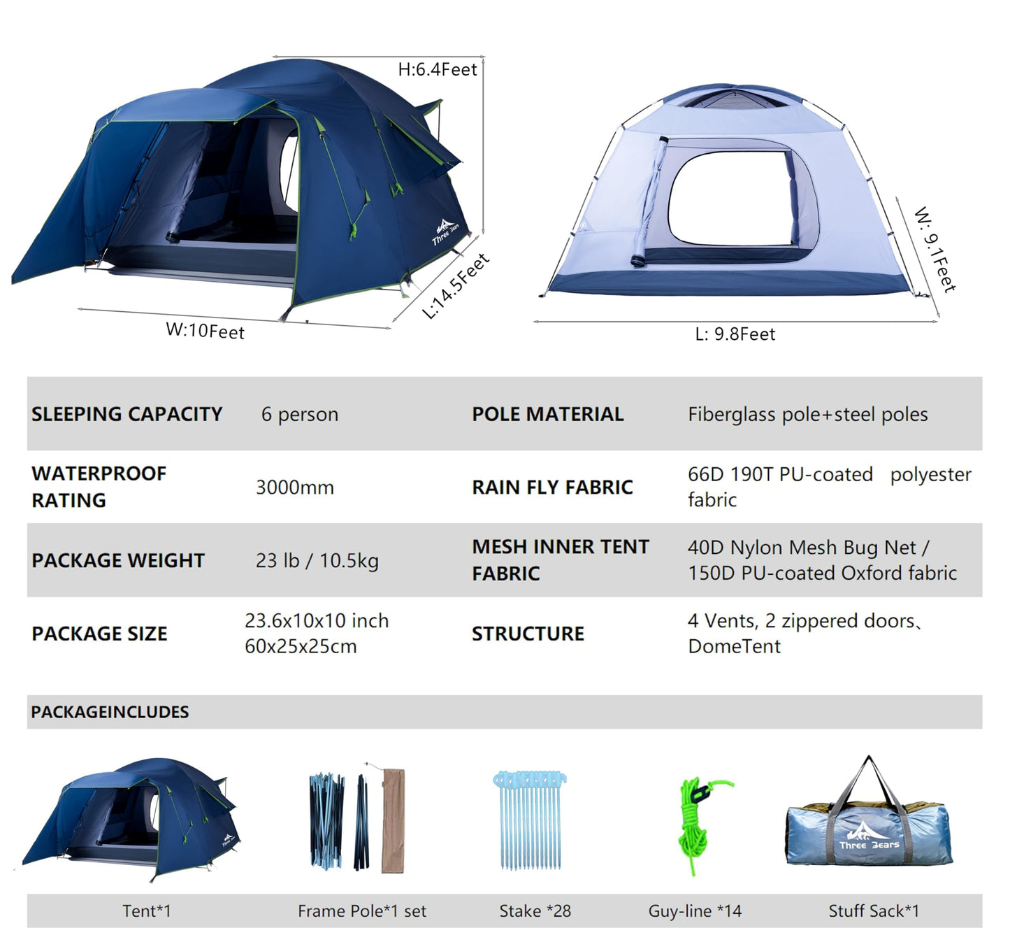 Family Camping Tent - 6-Person Spacious Design, 3000mm Waterproof, Suitable for Road Trips/Backyards/Extended Camping Adventures in All Scenarios