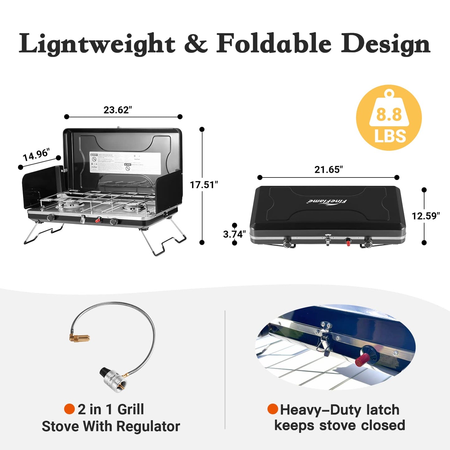 Camping Stove, 3 Burners Propane Portable Camp Stove with Regulator, Push-Button Instant Ignition, Adjustable Burners & Wind Guards for Car BBQ Picnics Outdoor Cooking (BEIGE-20400 BTUs)