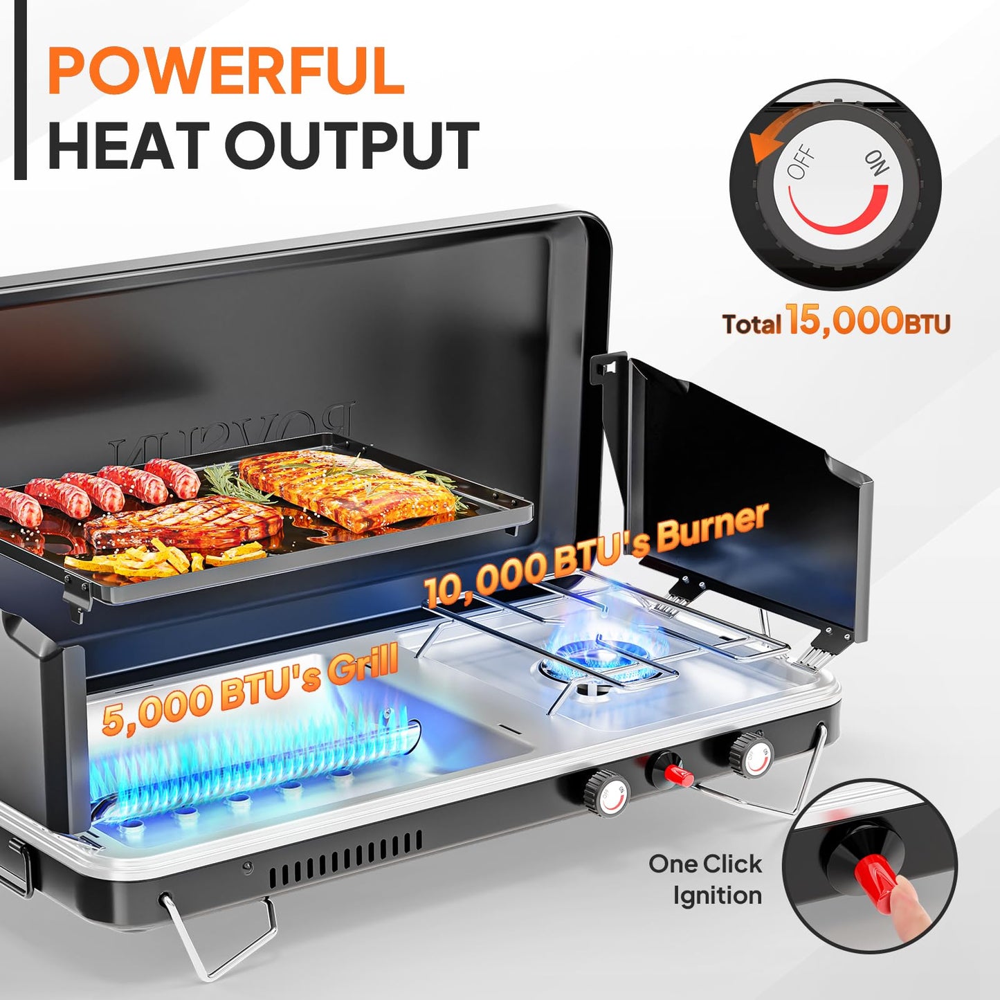 ROVSUN 2-in-1 Portable Camping Stove & Propane Oven with Piezo Igniter, 2 Burner Stove & Outdoor Oven with Adjustable Fire, Thermometer, Wind Panel & Regulator for Traveling, Tailgating (Black)