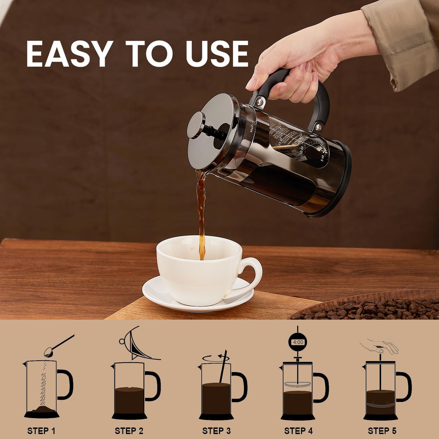 BAYKA French Press Coffee Maker, Large 304 Stainless Steel Coffee Press, Cold Brew Heat Resistant Thickened Borosilicate Coffee Pot for Camping Travel Gifts, 34 Ounce, Dark Pewter