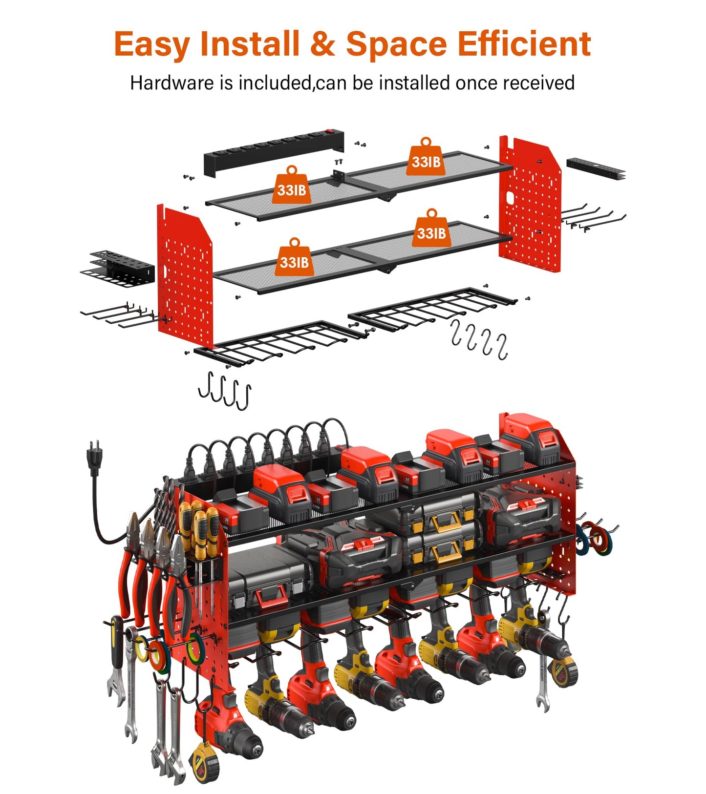 JUNNUJ Large Pegboard Power Tool Organizer with Charging Station, 8 Drills Driver and Tools Battery Holder Wall Mount with 8 Outlet Power Strip, Black 3-Layer Shop Garage Storage Utility Rack