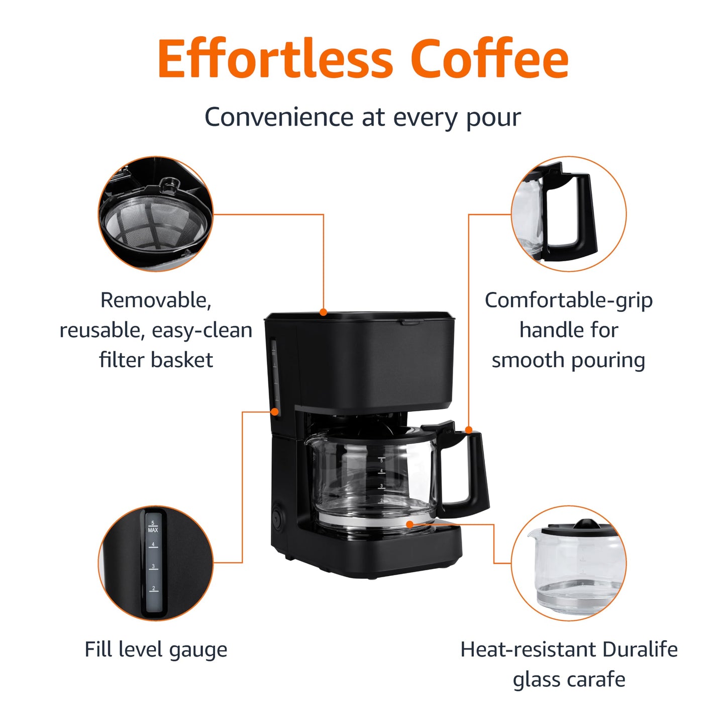 Amazon Basics Coffee Makers, 5-Cup Coffee Machines with Reusable Filter, Coffee Pots, Black & Stainless Steel