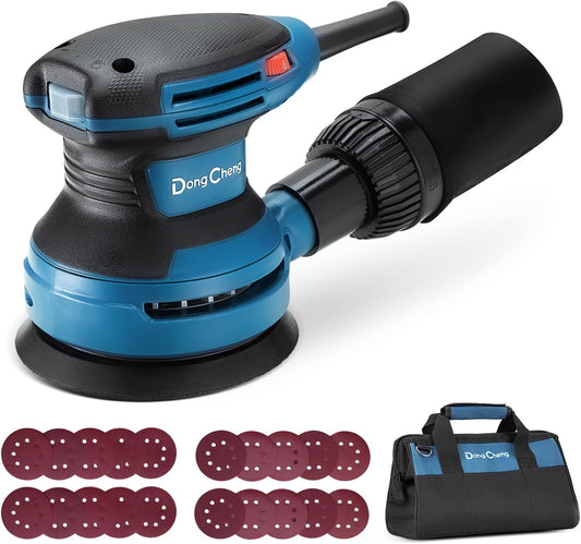 Dong Cheng 5-Inch Random Orbital Sander 3.2A 12800OPM Electric Palm Sander, 6 Variable Speeds, with 20pcs Sandpaper & Detachable Dust Bag, Power Sander for Woodworking, Sanding & Polishing