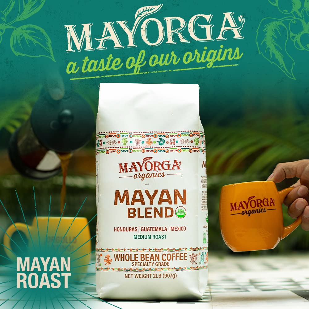 Mayorga Organic Coffee 2lb Mayan Blend - Medium Roast Whole Bean Coffee Specialty Grade, 100% Arabica, Slow Roasted, Chocolate and Floral Flavor with Low Acidity - USDA Organic, Non-GMO, Kosher
