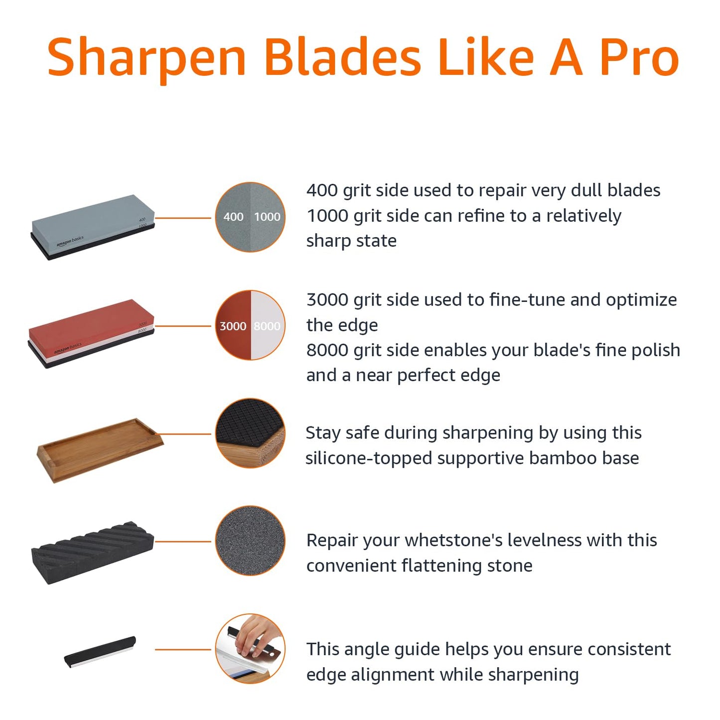 Amazon Basics Whetstone Knife Sharpening Wet Stone Dual Sided 400/1000 Grit with Non-Slip 1 Pc, Bamboo Base, Black & Grey