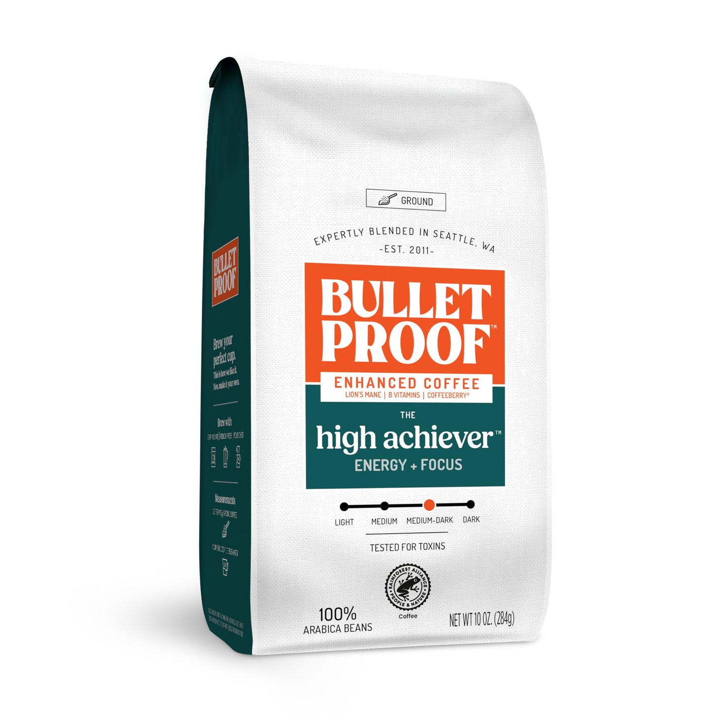 Bulletproof The High Achiever Ground Coffee, 10 Ounces, Medium-Dark Roast Enhanced Coffee with Lion's Mane Mushroom, B Vitamins, and Adaptogens for Energy and Focus
