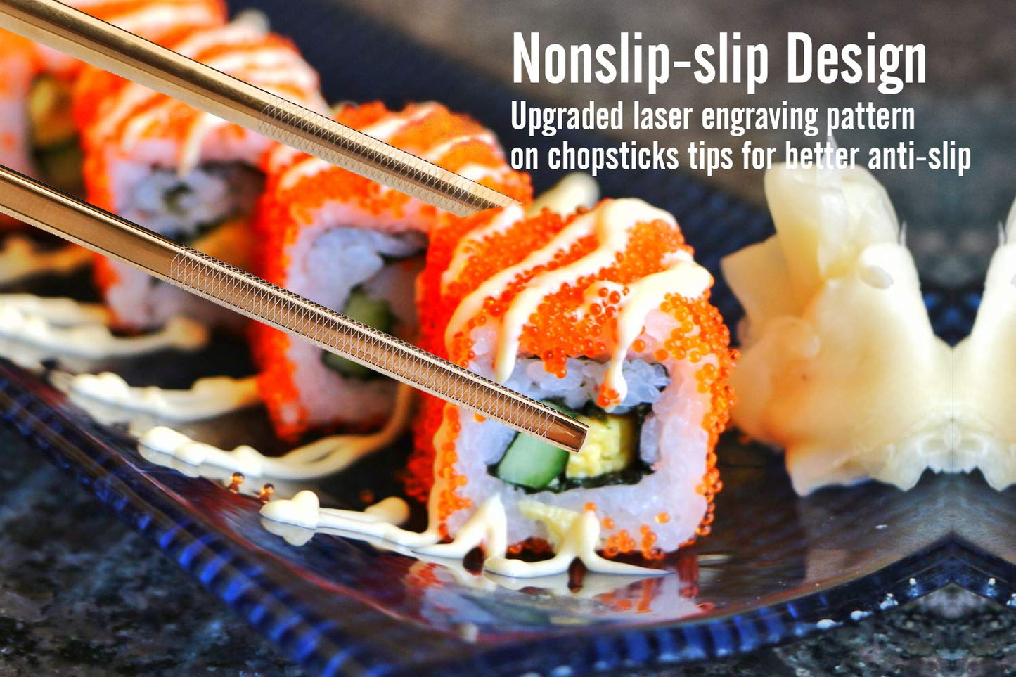 Titanium Plated Chopstick Stainless Steel Chopsticks Metal Chopsticks Reusable Dishwasher safe Premium Laser Engraved Chop Sticks for Eating 2 Pairs Gift Set Blue Silver