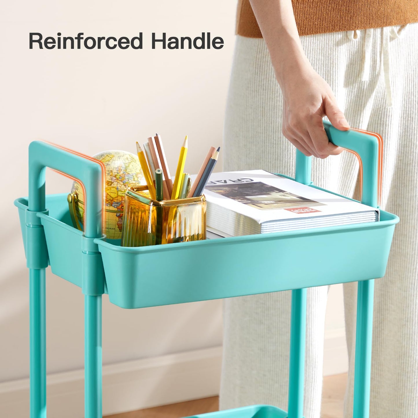 Pipishell 3 Tier Rolling Cart Organizer, Plastic Rolling Cart with Lockable Wheels & Reinforced Handle, Lightweight Utility Cart Storage Cart for Nursery, Kitchen, Bathroom, Craft Room, White, PIUC14W