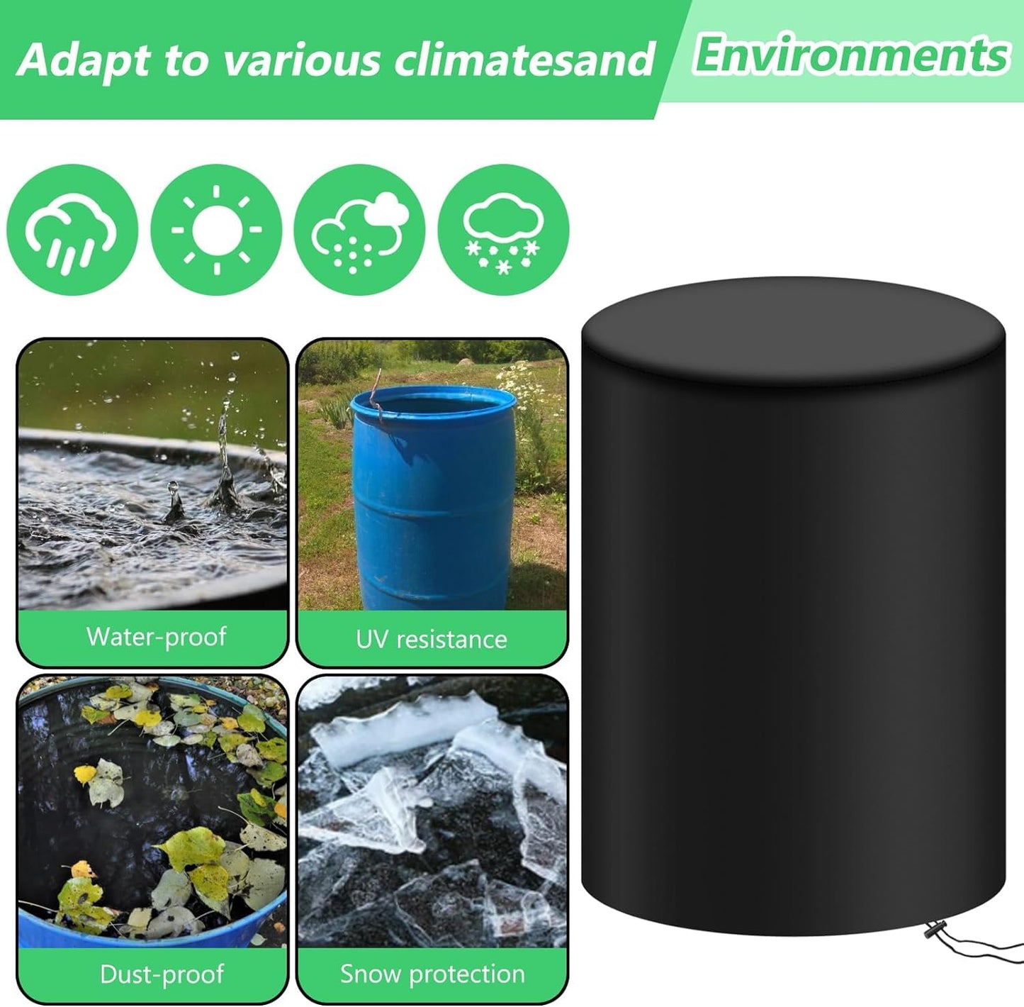 55 Gallon Rain Barrel Cover 420D Water Storage Barrel Cover Oxford Cloth 25 x 37 Inch Outdoor Waterproof Rain Snow Bucket Cover with Drawstring, UV Protection, Anti Dust (Black)