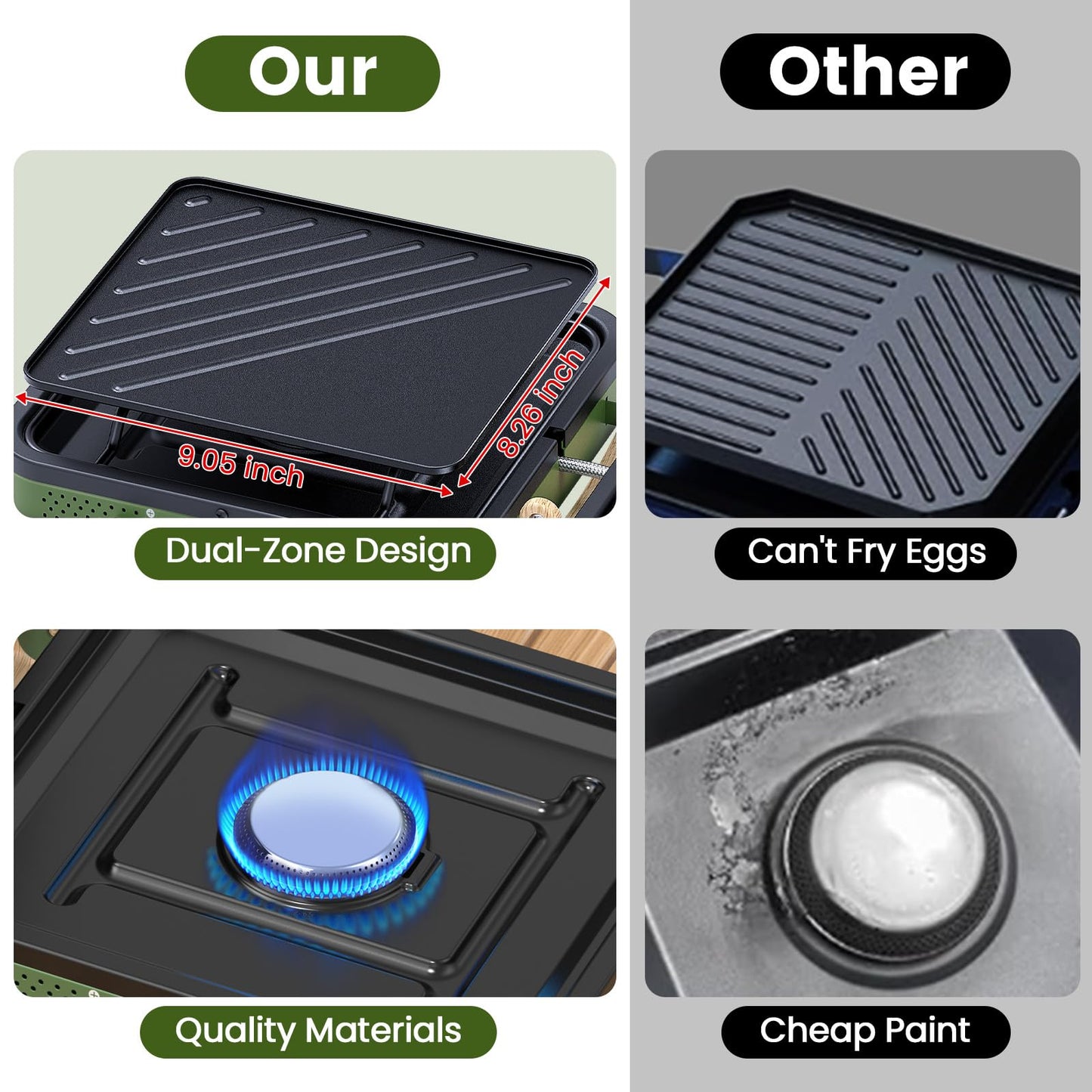 OGERY 2-Burner Foldable Camping Stove with Griddle (Textured & Smooth) and Carrying Bag, Portable Propane Camp Stove with 2 Adjustable Burners & Piezo Ignition, for Camping Tailgating Essentials Gear