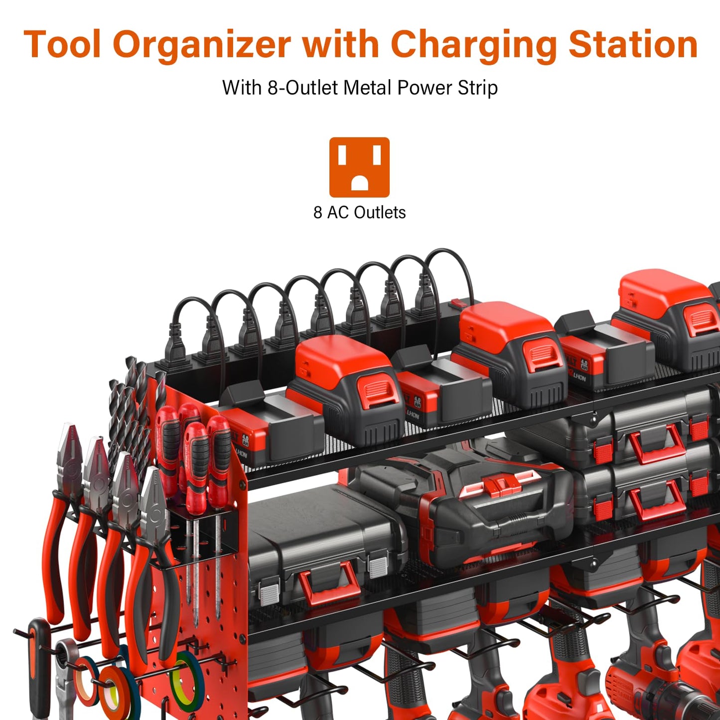 JUNNUJ Large Pegboard Power Tool Organizer with Charging Station, 8 Drills Driver and Tools Battery Holder Wall Mount with 8 Outlet Power Strip, Black 3-Layer Shop Garage Storage Utility Rack