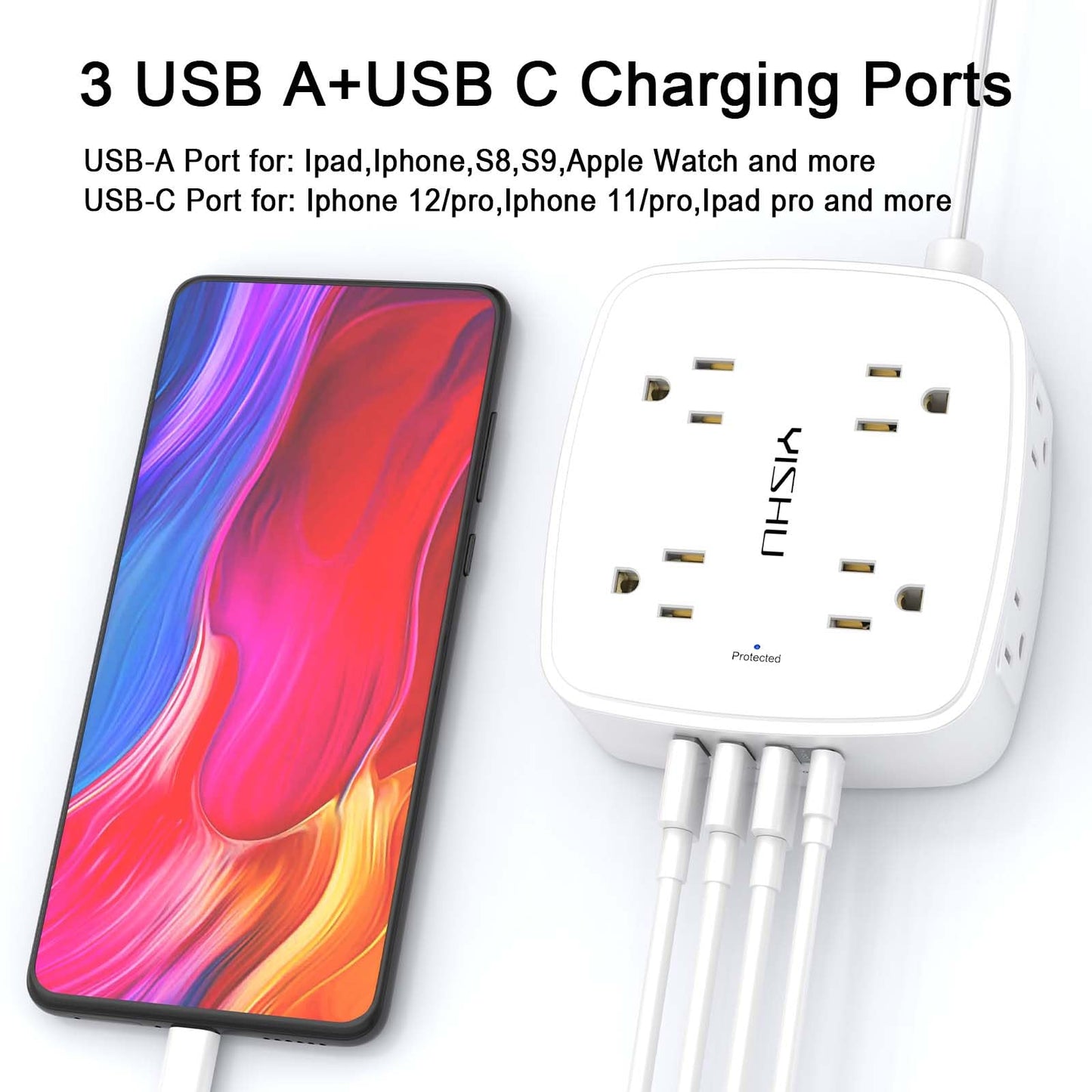 6 Ft Surge Protector Power Strip - 8 Widely Outlets with 4 USB Ports, 3 Side Outlet Extender with 6 Feet Extension Cord, Flat Plug, Wall Mount, Desk USB Charging Station, ETL,White