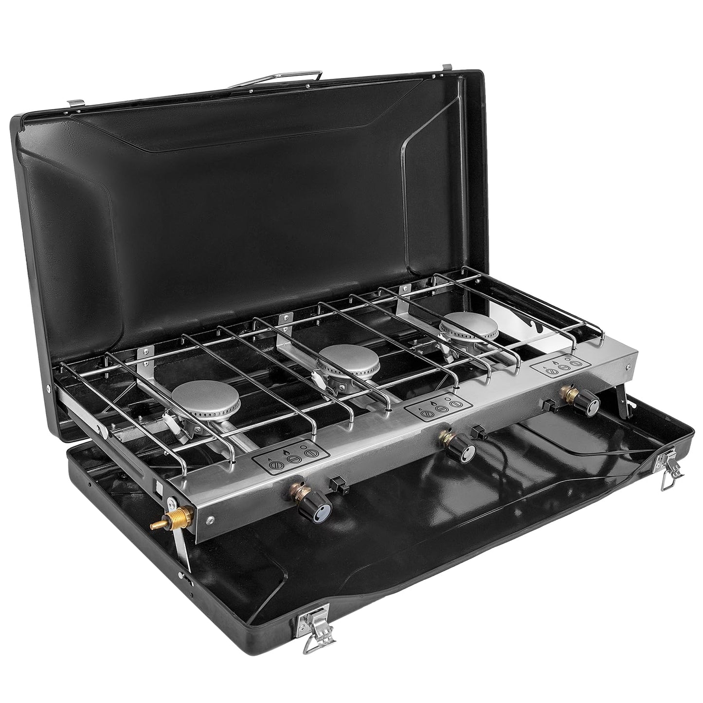 Camping Stove, 3 Burners Propane Portable Camp Stove with Regulator, Push-Button Instant Ignition, Adjustable Burners & Wind Guards for Car BBQ Picnics Outdoor Cooking (BEIGE-20400 BTUs)