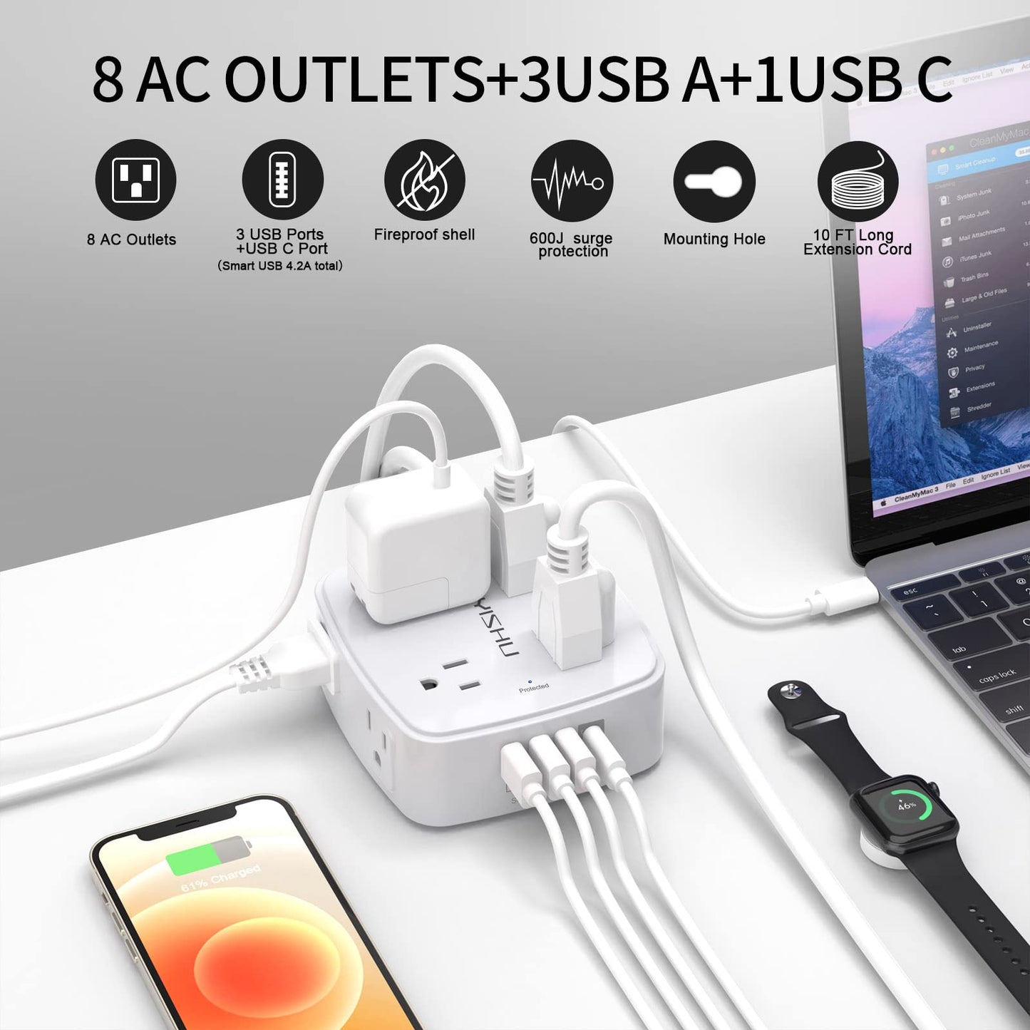 6 Ft Surge Protector Power Strip - 8 Widely Outlets with 4 USB Ports, 3 Side Outlet Extender with 6 Feet Extension Cord, Flat Plug, Wall Mount, Desk USB Charging Station, ETL,White