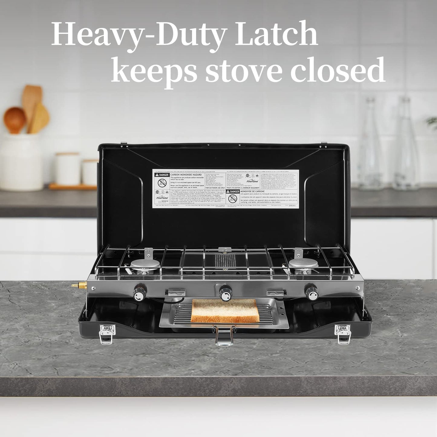 Camping Stove, 3 Burners Propane Portable Camp Stove with Regulator, Push-Button Instant Ignition, Adjustable Burners & Wind Guards for Car BBQ Picnics Outdoor Cooking (BEIGE-20400 BTUs)