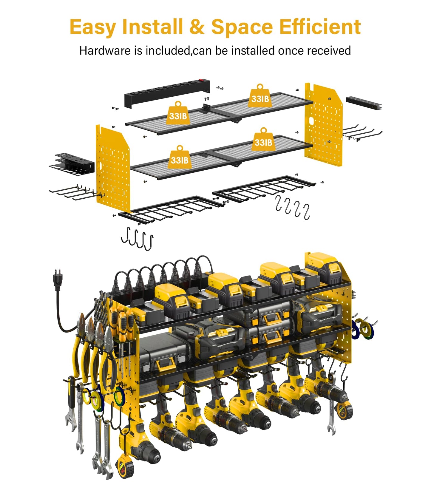JUNNUJ Large Pegboard Power Tool Organizer with Charging Station, 8 Drills Driver and Tools Battery Holder Wall Mount with 8 Outlet Power Strip, Black 3-Layer Shop Garage Storage Utility Rack