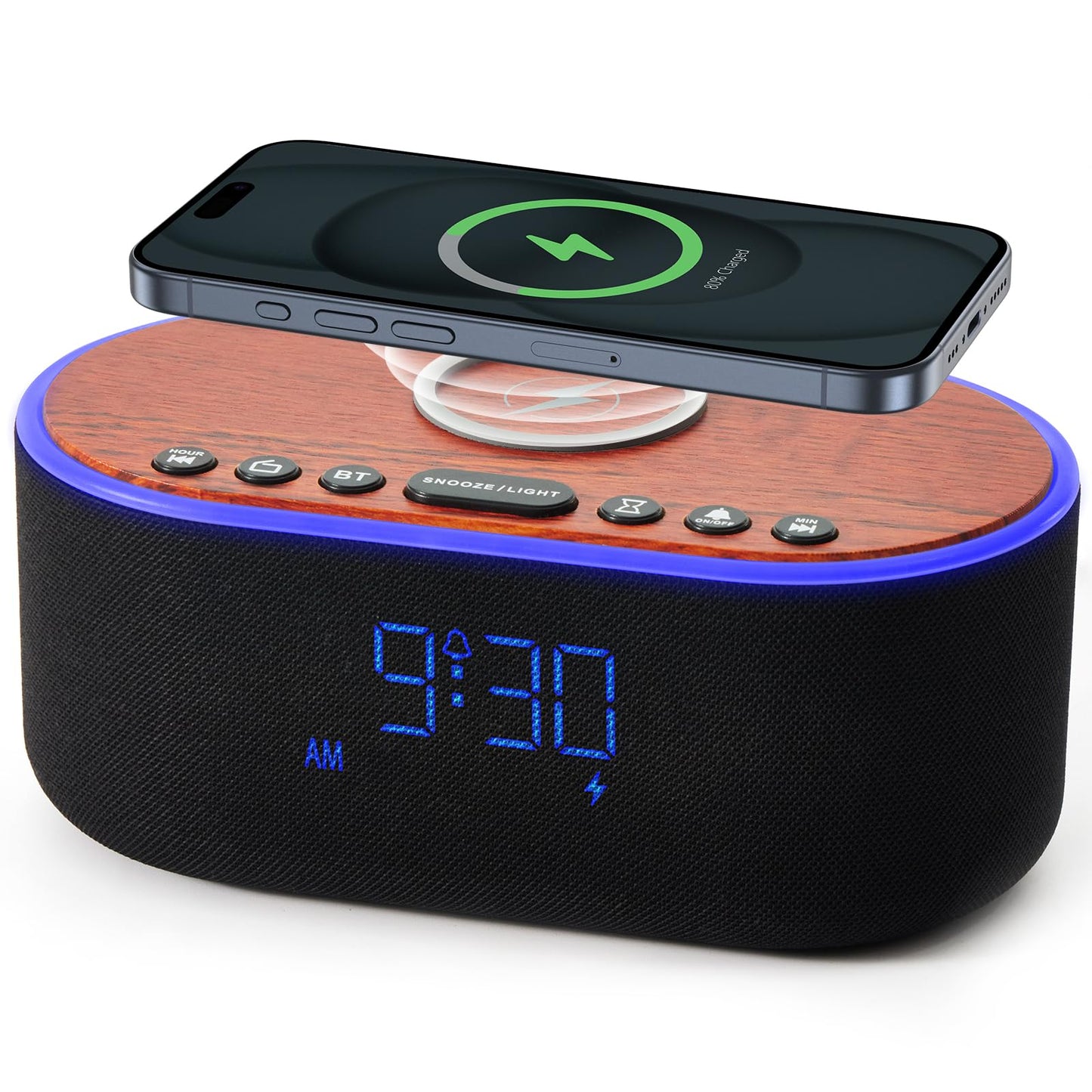 uscce Alarm Clock Bluetooth FM Radio: 10W Stereo Sound Speaker - Fast Wireless Charging for iPhone Samsung - Dimmable Clock Radio for Bedroom