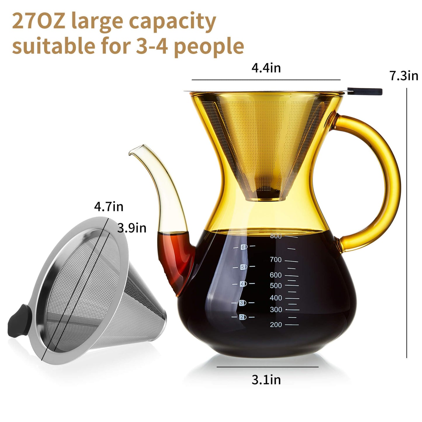 Unbreakable - Pour Over Coffee Maker with Double Stainless Filter 34 fl oz, Thickened Heat-Resistant Borosilicate Glass Pour Over Coffee Dripper, Stovetop Safe