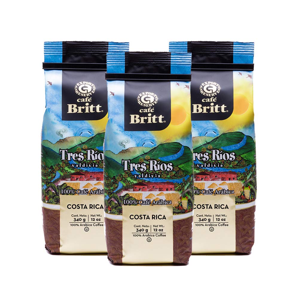 Café Britt® - Costa Rican Tres Rios Valdivia Coffee (12 oz.) (3-Pack) - Whole Bean, Arabica Coffee, Kosher, Gluten Free, 100% Gourmet & Medium Light Roast