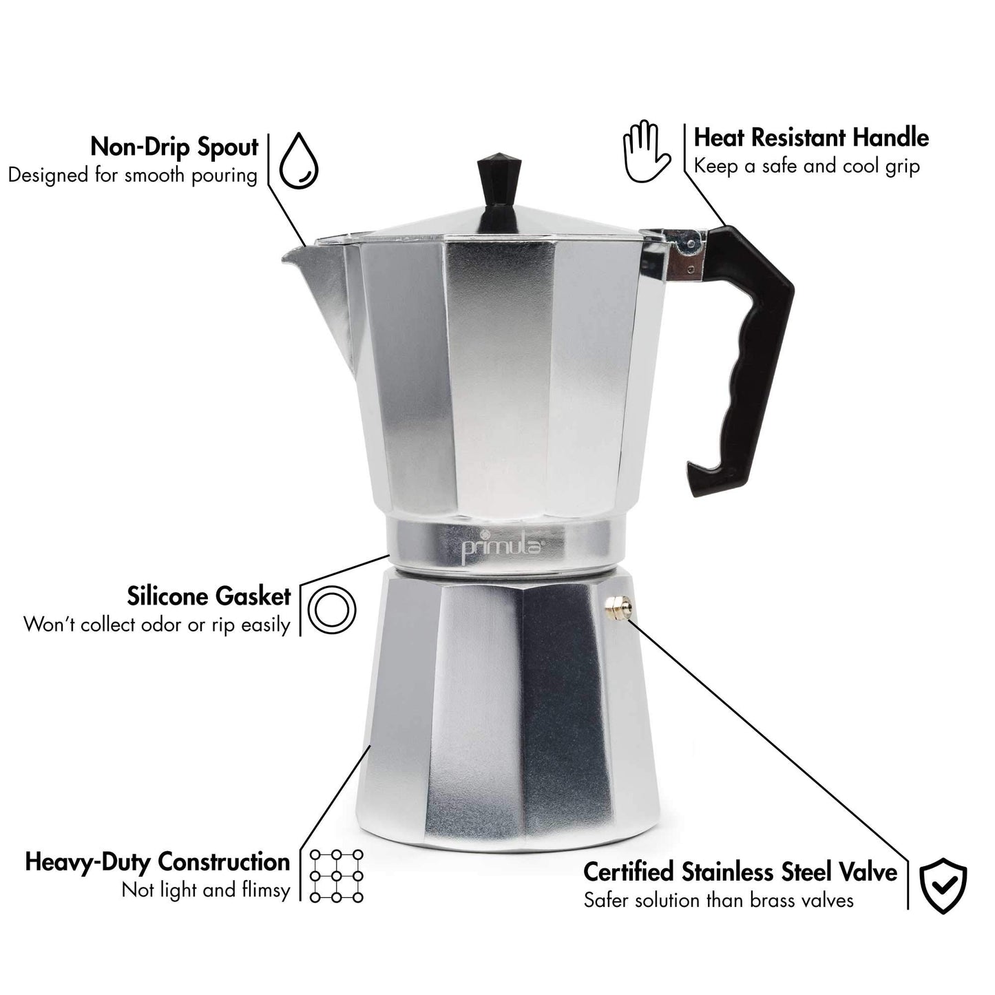 Primula Classic Stovetop Espresso and Coffee Maker, Moka Pot for Italian and Cuban Café Brewing, Greca Coffee Maker, Cafeteras, 12 Espresso Cups, Silver