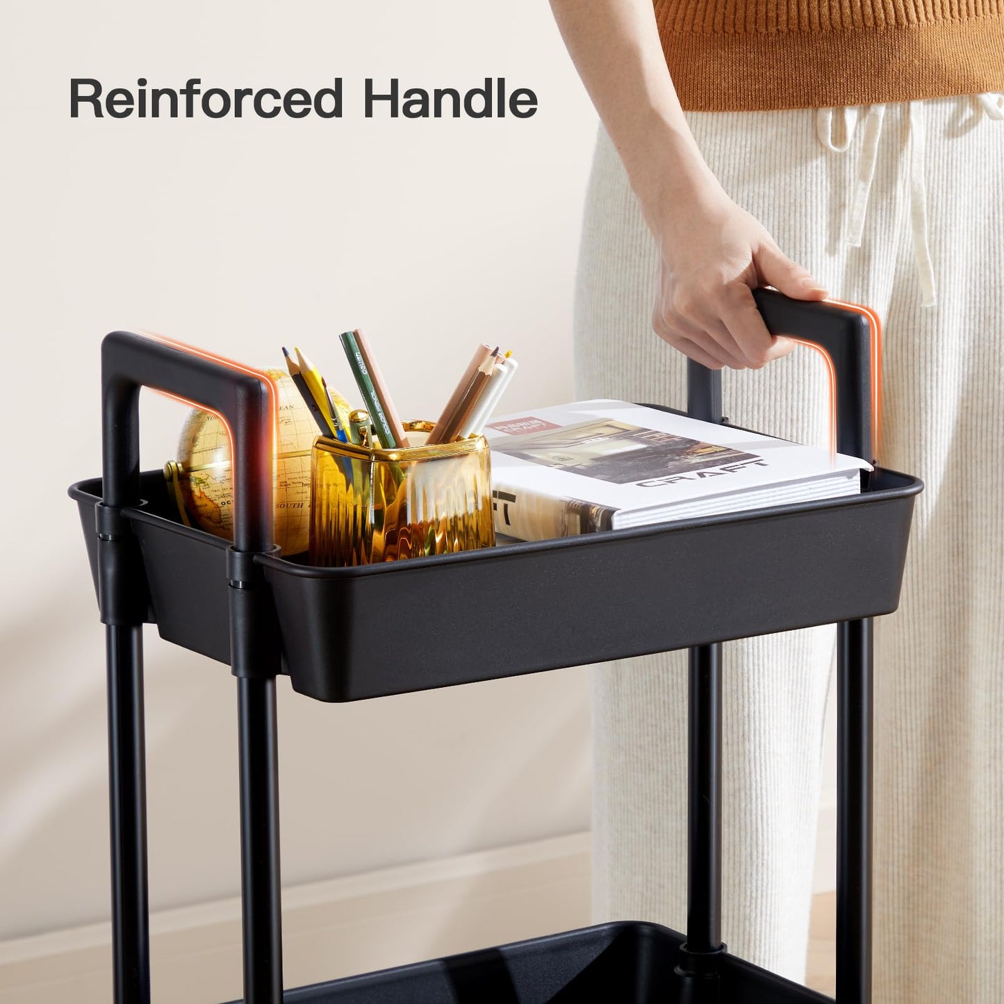 Pipishell 3 Tier Rolling Cart Organizer, Plastic Rolling Cart with Lockable Wheels & Reinforced Handle, Lightweight Utility Cart Storage Cart for Nursery, Kitchen, Bathroom, Craft Room, White, PIUC14W