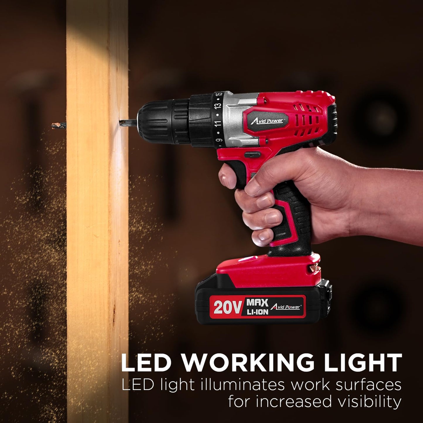 AVID POWER 20V MAX Lithium lon Cordless Drill Set, Power Drill Kit with Battery and Charger, 3/8-Inch Keyless Chuck, Variable Speed, 16 Position and 22pcs Drill Bits (Red)