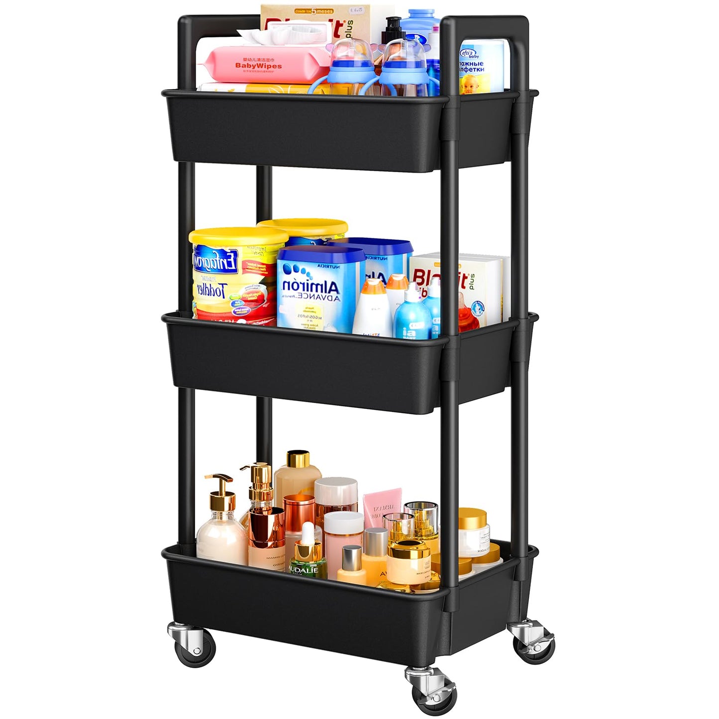 Pipishell 3 Tier Rolling Cart Organizer, Plastic Rolling Cart with Lockable Wheels & Reinforced Handle, Lightweight Utility Cart Storage Cart for Nursery, Kitchen, Bathroom, Craft Room, White, PIUC14W