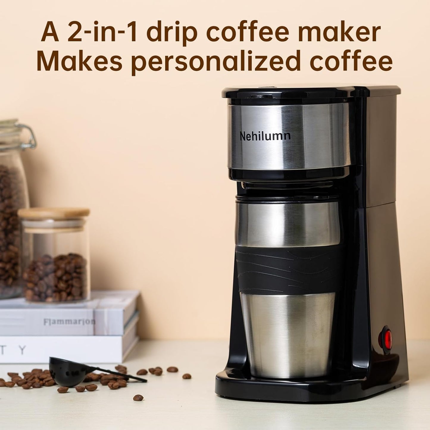 Single serve one cup drip coffee maker 14 oz,with personal travel cup,auto shut off function,Reusable Filter,Black and Silver