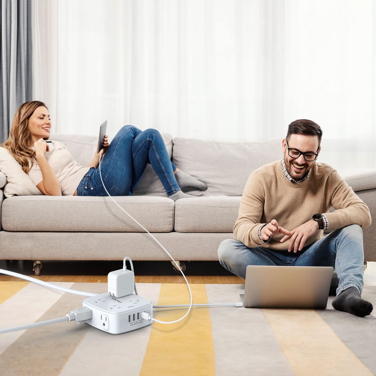 6 Ft Surge Protector Power Strip - 8 Widely Outlets with 4 USB Ports, 3 Side Outlet Extender with 6 Feet Extension Cord, Flat Plug, Wall Mount, Desk USB Charging Station, ETL,White