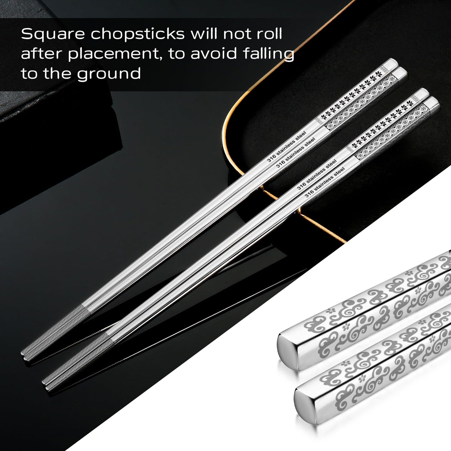 8 Pairs Metal Chopsticks Reusable Black Stainless Steel Chopsticks Set Laser Engraved Non-slip Japanese Korean Chinese Chopstick for Cooking Eating Dishwasher Safe 9.25" Chop Sticks Gift Set