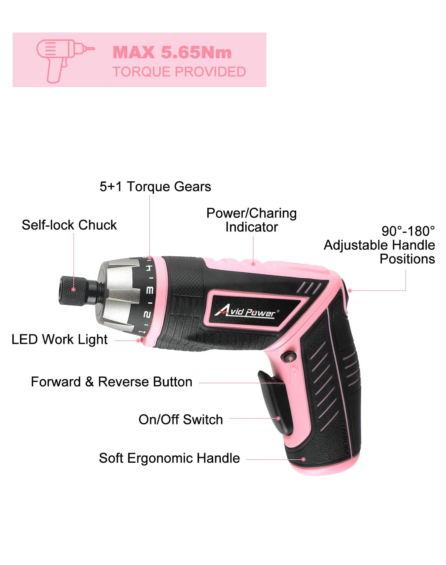 AVID POWER Electric Screwdriver Set Rechargeable 4V Cordless Screwdriver Kit with 44pcs Accessories, 5.65Nm Screw Gun, 5+1 Torque Setting, 2 Position Handle with LED Light