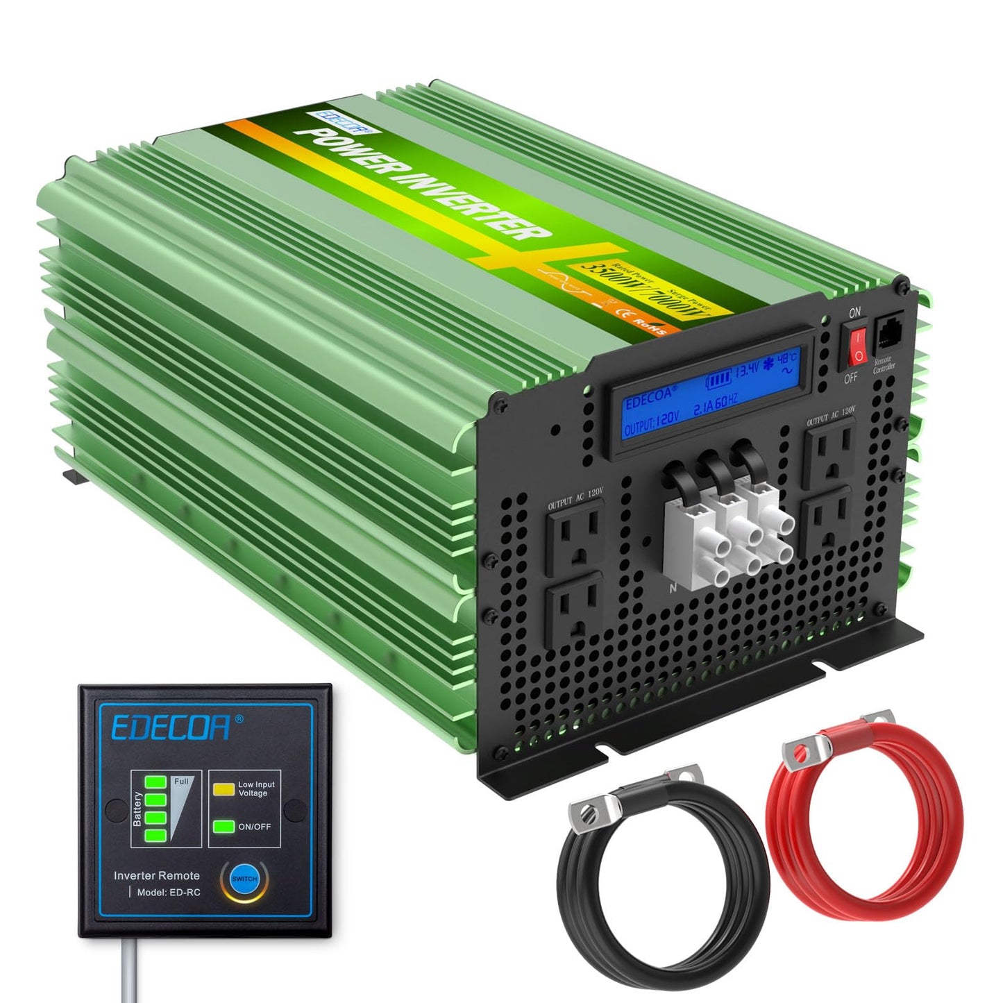EDECOA Pure Sine Wave Power Inverter 3500W DC 12V to AC 120V with LCD Display and Remote Controller 4 AC Outlets and 1 Terminal Block