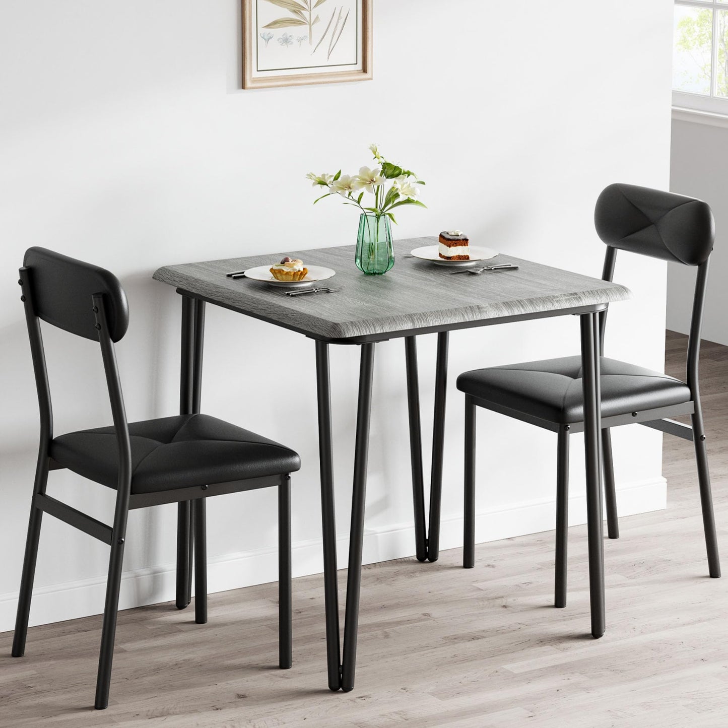 IDEALHOUSE Dining Table for 2-Small Square Kitchen Dining Dinner Room Tables Set,Space Saving Wood Modern Dinette Accent Furniture for Breakfast Nook, (Dark, Table with 2 Upholstered Chairs)