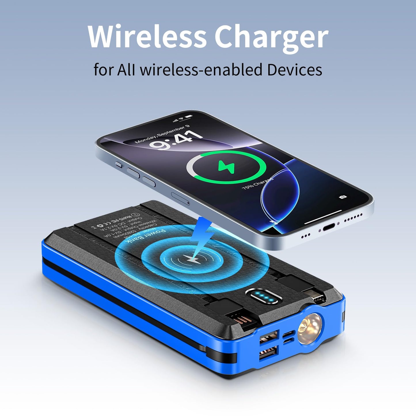 Portable Charger Solar Power Bank 52800mAh 5V/3A Fast Charging Battery Pack with Built in 4 Cables 2 Outputs & LED Flashlight for Cell Phone Camping and Hiking