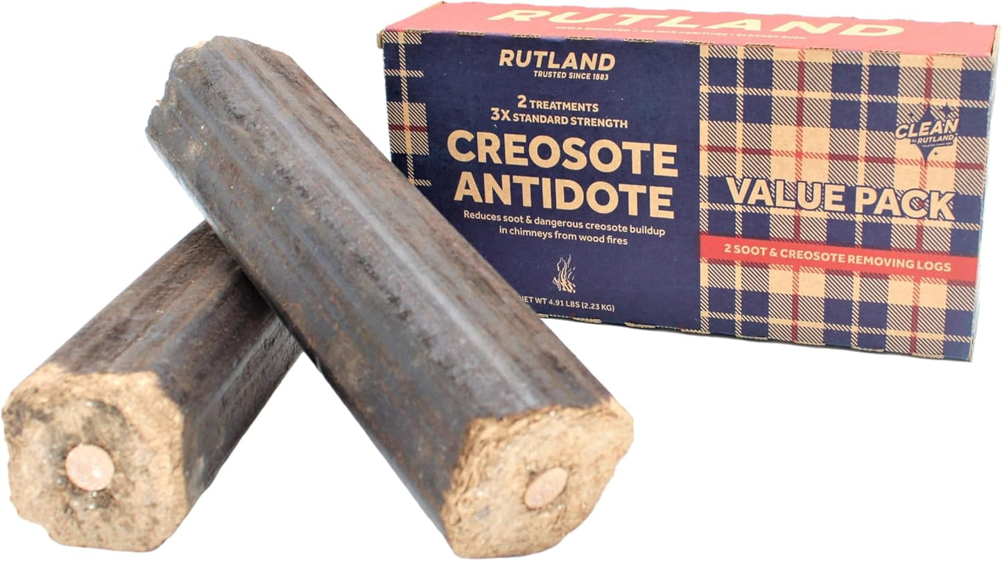 Rutland Creosote Antidote™, 3X Cleaning Power, Chimney Cleaning Fire Logs, 2-Pack Creosote Sweeping Firelogs, 2.45 lbs Each Treatment, Made in USA