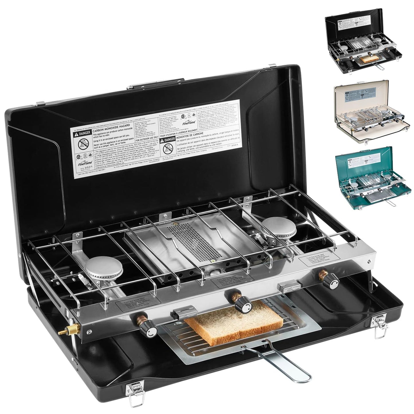 Camping Stove, 3 Burners Propane Portable Camp Stove with Regulator, Push-Button Instant Ignition, Adjustable Burners & Wind Guards for Car BBQ Picnics Outdoor Cooking (BEIGE-20400 BTUs)