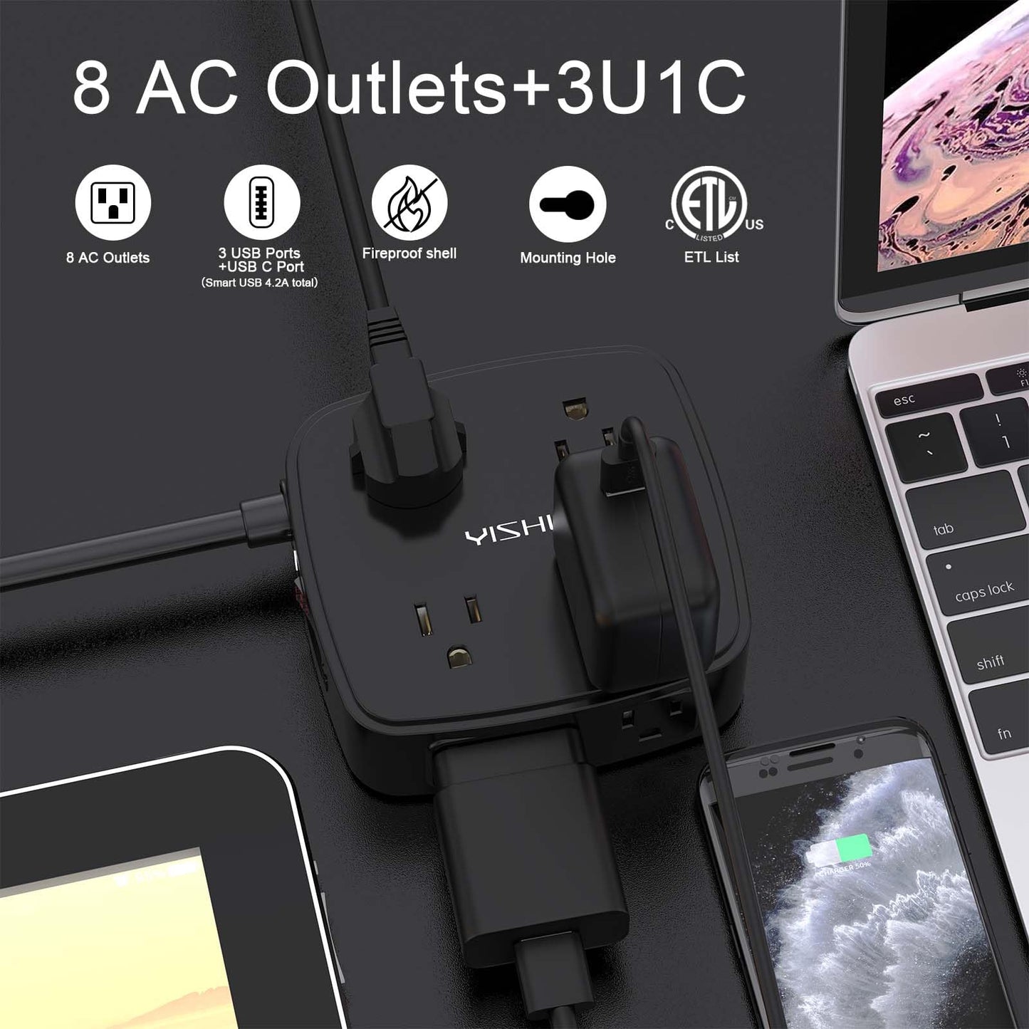 6 Ft Surge Protector Power Strip - 8 Widely Outlets with 4 USB Ports, 3 Side Outlet Extender with 6 Feet Extension Cord, Flat Plug, Wall Mount, Desk USB Charging Station, ETL,White