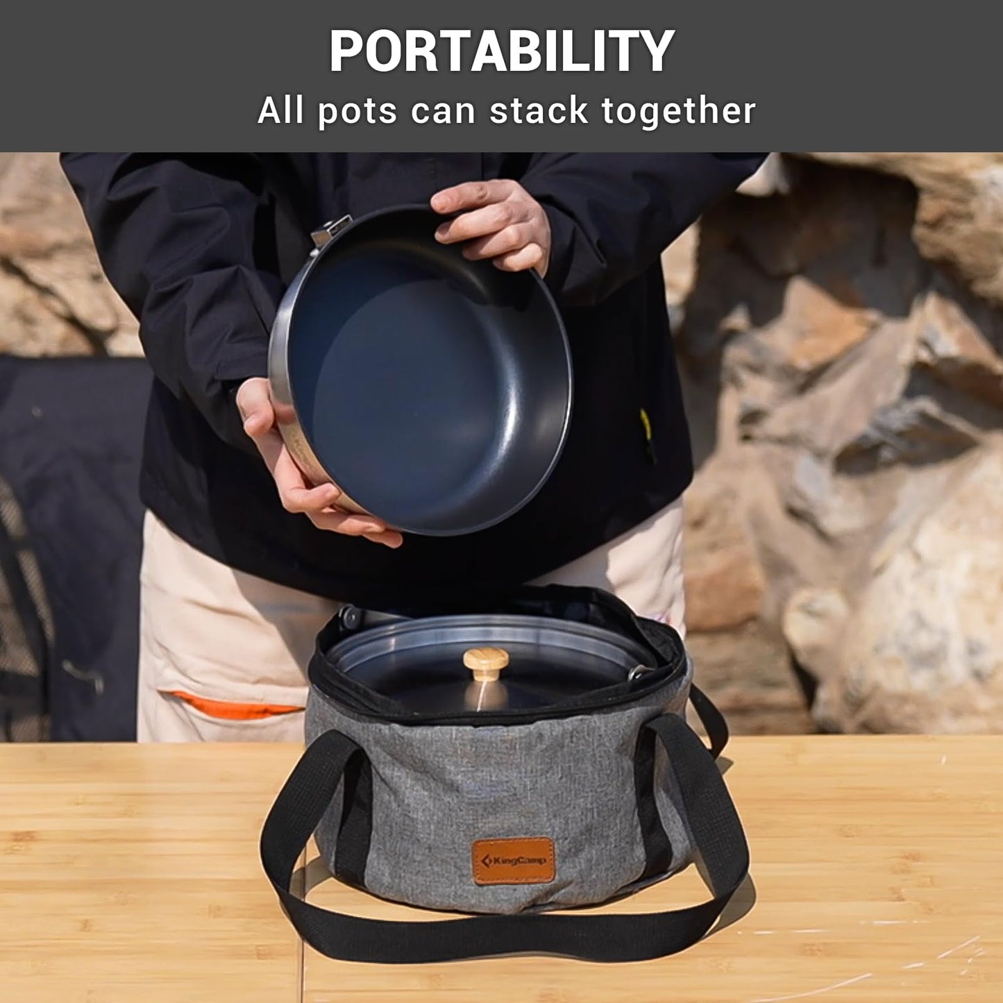 KingCamp Camping Cookware Set 304 Stainless Steel Campfire Cooking Pots Pan and Kettle with Travel Tote Bag for Camping Outdoor Kitchen Cooking Picnic for 4-6